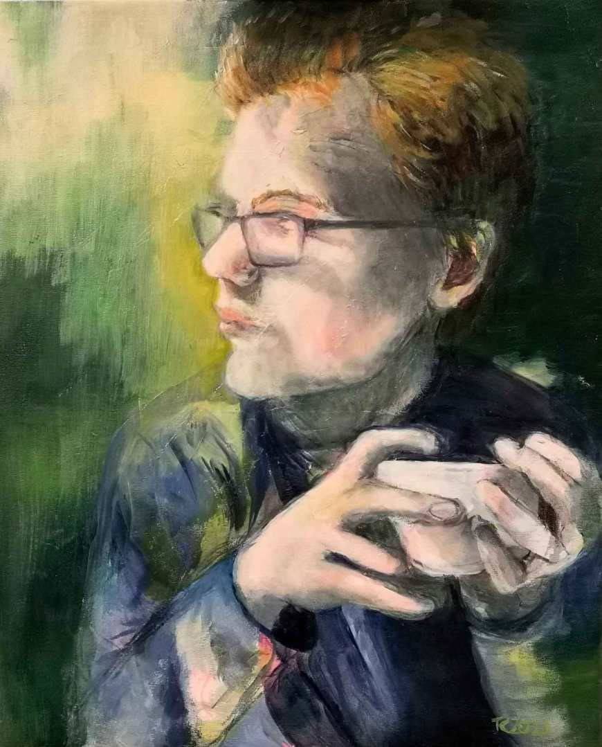 Kahvihetki, 2021. Öljyväri kankaalle, 80cm x 65cm. Yksityiskokoelma.