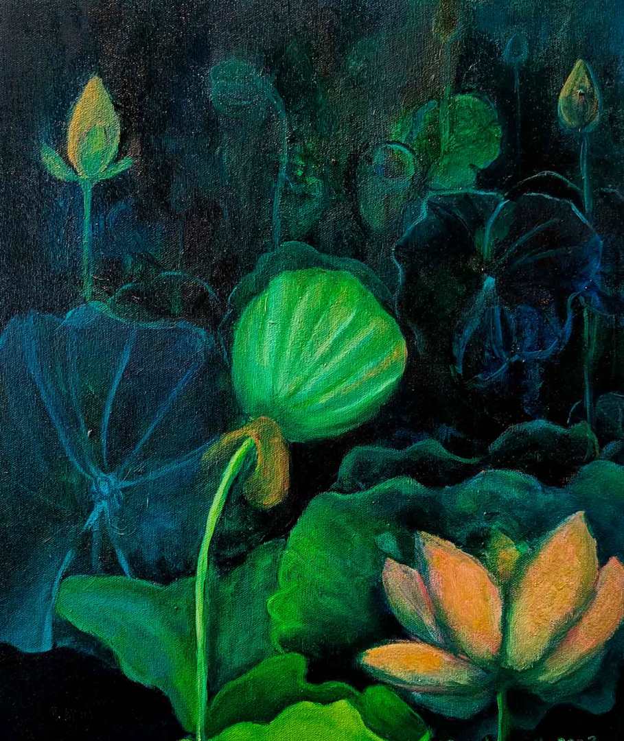 Kultainen lootus, 2023 Öljyväri kankaalle, 40cm x 38cm. Myyty.