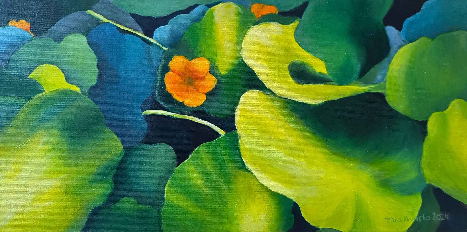 Loppukesän aamu, 2024, öljyväri kankaalle, 30x60cm.