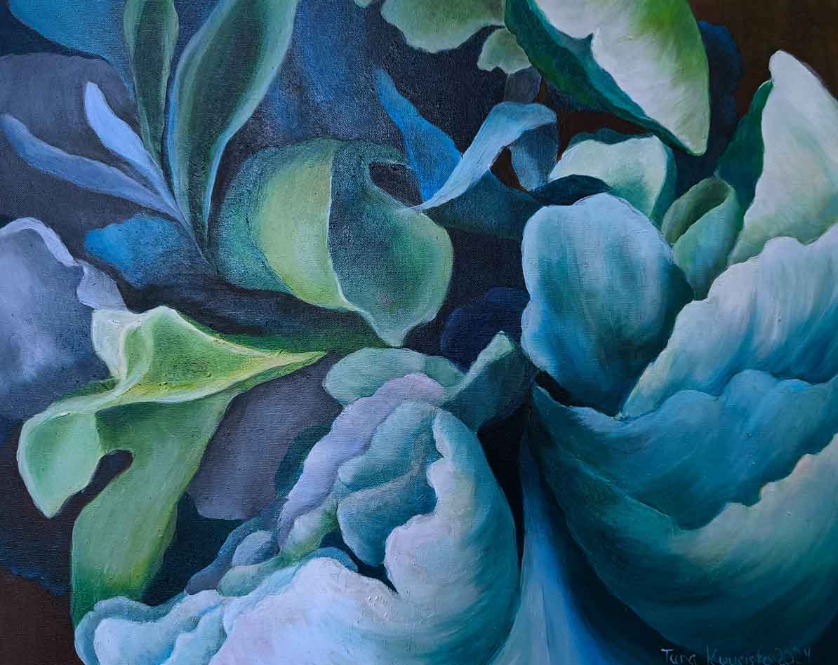 Sinisen kosketus, 2024, öljyväri kankaalle, 54x65cm.